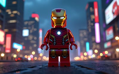 4k, iron, paysage nocturne, super héros, lego art, comics marvel, iron man lego, art 3d, iron man 3d, fan art, iron man 4k
