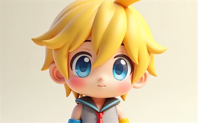 4k, len kagamine, minimalisme, art de chibi, vocaloïde, art 3d, yeux bleus, len kagamine chibi, protagonistes, manga, personnages vocaloïdes, kagamine len, chanteurs virtuels japonais, len kagamine vocaloid