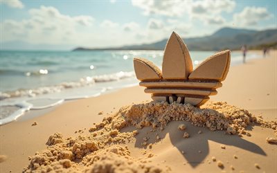Adidas logo, 4k, summer, Adidas logo made of sand, beach, 3d Adidas logo, sand, palm trees, Adidas emblem, Adidas