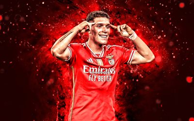 4k, Benjamin Rollheiser, red abstract background, Benfica FC, Primeira Liga, Argentine footballers, Benjamin Rollheiser 4K, red neon lights, football, soccer, Liga Portugal, SL Benfica, Benjamin Rollheiser Benfica