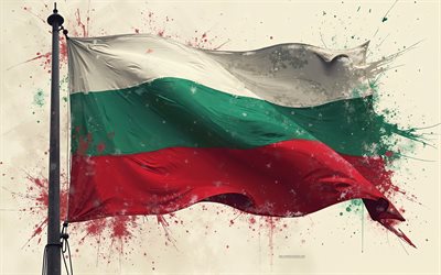 bulgarisk flagga, 4k, grunge bakgrund, bulgarisk flagga på flaggstången, bulgarisk färgstänk flagga, bulgariens flagga, grunge konst, kreativ konst, bulgarien