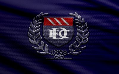 logotipo de tecido do dundee fc, 4k, fundo de tecido azul, premiership escocesa, bokeh, futebol, logotipo do dundee fc, emblema do dundee fc, dundee fc, clube de futebol escocês, fc dundee