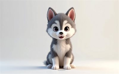 4k, netter 3d sibirian husky, cartoon 3d siberian husky, süße tiere, sibirischer husky, 3d  tiere, cartoon 3d  tiere, lustiger sibirischer husky, little sibirian husky, grauer hintergrund