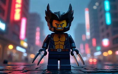 4k, carcajou, paysage nocturne, super héros, lego art, comics marvel, wolverine lego, art 3d, wolverine 3d, fan art, wolverine 4k