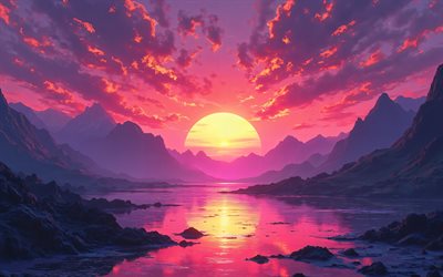 gün batımı, 4k, soyut manzaralar, yaratıcı, synthwave, soyut doğa, dağlar, mor güneş, nehir