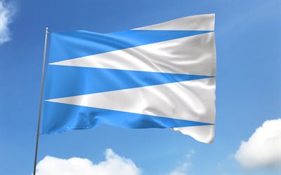 sogn och fjordanflagga på flaggstång, 4k, norska län, blå himmel, flagg till sogn ogordane, wavy satinflaggor, sogn og fjordane flag, norges län, flaggstång med flaggor, dag av sogn och fjordan, norge, sngn og fjordane