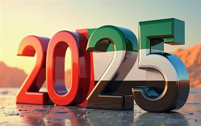 2025 emirati arabi uniti, 4k, emirati arabi uniti, viaggia negli emirati arabi uniti 2025, 2025 concetti, emirati arabi uniti 2025 cifre, 3d art, flag degli emirati arabi uniti, 2025 cifre 3d, emirati