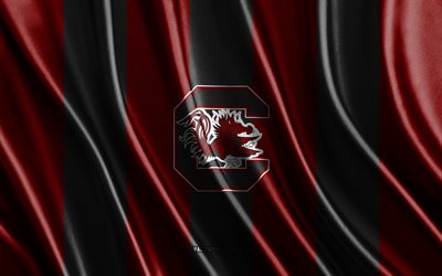 4k, South Carolina Gamecocks logo, NCAA, burgundy black silk texture, South Carolina Gamecocks flag, American football club, silk flag, South Carolina Gamecocks emblem, USA, South Carolina Gamecocks
