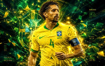 marquinhos, seleção brasileira de futebol, arte dos fãs, fundo de linhas abstratas amarelas verdes, marquinhos brasil, arte criativa, logotipo da seleção brasileira de futebol, futebol, marcos aoas correa