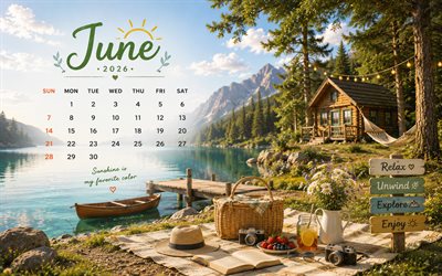 June 2026 Calendar, 4k, camping near the mountain lake, 2026 June Calendar, mountain lake, June, 2026 calendars, minivan near the mountains, June Calendar 2026, mountain landscape