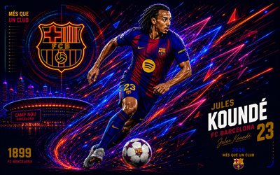 Jules Kounde, FC Barcelona, fan art, blue burgundy abstract digital background, Jules Kounde FC Barcelona, creative art, FC Barcelona logo, Jules Kounde Barcelona, football, Barcelona