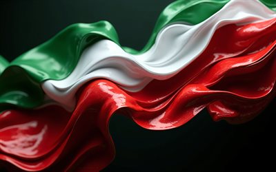 bandera italiana 3d, 4k, bandera de italia, toques de pintura verde blanca roja, arte creativo, fondo gris, bandera italiana, italia