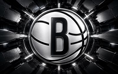 Brooklyn Nets metal logo, 4k, black white metal background, NBA, basketball, Brooklyn Nets logo, Brooklyn Nets 3D logo, american basketball team, Brooklyn Nets