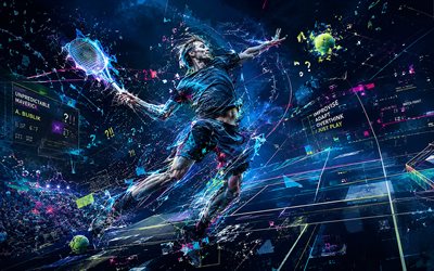 Alexander Bublik, 4k, Kazakhstani tennis player, ATP, blue abstract lines art, tennis, Alexander Bublik art, Association of Tennis Professionals, creative art, blue light lines