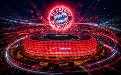 allianz arena, 4k, logo du fc bayern munich, lignes de lumière rouge, fc bayern munich, arène de football de munich, schlauchboot, munich, allemagne, stade du fc bayern munich