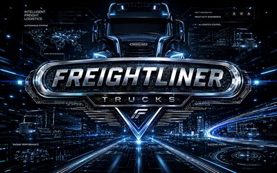 logotipo 3d do freightliner, 4k, fundo futurista escuro, criativo, raios de néon azuis, logotipo metálico do freightliner, logotipo futurista do freightliner, marcas de caminhões, logotipo do freightliner, cargueiro