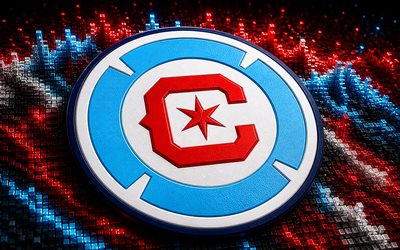 Chicago Fire FC fabric logo, 4k, blue red 3D background, MLS, soccer, Chicago Fire FC logo, football, Chicago Fire FC 3D logo, Chicago Fire FC, american soccer club, Chicago Fire