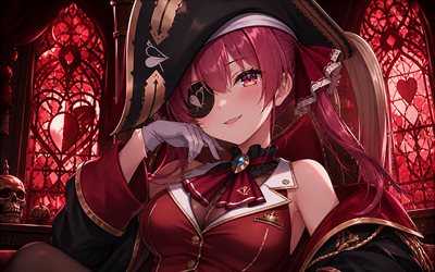Houshou Marine, 4k, darkness, stained glass windows, Virtual YouTuber, VTuber, creative, girl with red eyes, Hololive, manga, Houshou Marine channel, Houshou Marine Virtual YouTuber