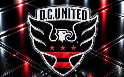 dc united logo, musta metalli tausta, dc united  tunnus, dc united  kristallimerkki, mls, usa, jalkapallo, dc united, mustat ja punaiset kotkat