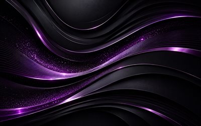 ondas de neón púrpura sobre un fondo negro, 4k, fondo de ondas abstractas púrpura, ondas de neón púrpura, fondo negro de ondas 3d, fondo abstracto de ondas