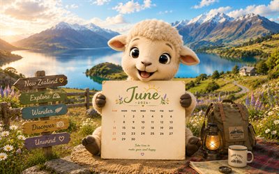 June 2026 Calendar, 4k, lamb in the mountains, New Zealand, 2026 June Calendar, cute lamb, June, 2026 calendars, June Calendar 2026, trip to the mountains