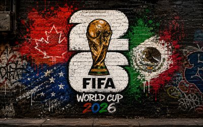 4k, 2026 fifa world cup, graffiti, katutaidetta, fifa world cup trophy, tiiliseinä, graffitit seinälle, liput, fifa world cup  taide, fifa world cup 2026, luova, kultainen pokaali, jalkapallo, fifa world cup