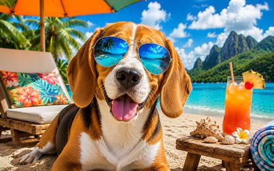 Beagle, 4k, summer, tropical beach, beach accessories, sea, sun lounger, sunglasses, Beagle on beach, dogs, cocktail, cute animals, beach, pets, dog in sunglasses, Beagle Dog