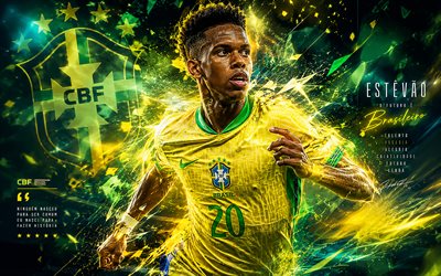 estêvão, seleção brasileira de futebol, arte dos fãs, fundo de linhas abstratas amarelas verdes, estêvão brasil, arte criativa, logotipo da seleção brasileira de futebol, futebol, estevão willian
