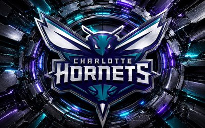Charlotte Hornets metal logo, 4k, violet blue metal background, NBA, basketball, Charlotte Hornets logo, Charlotte Hornets 3D logo, american basketball team, Charlotte Hornets