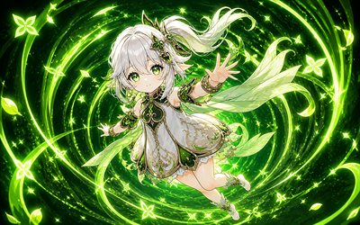 Flying Nahida, 4k, green neon vortex, creative, Genshin Impact, green abstract background, Nahida, protagonist, manga, Genshin Impact characters, artwork, Nahida Genshin Impact