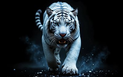 tigre blanco, depredador en la oscuridad, ojos azules del tigre, depredadores, tigres, fondo negro, oscuridad, tigre