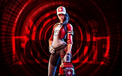 Remedy Fortnite, 4k, red spiral background, Fortnite, creative, Remedy Skin, Fortnite Remedy Skin, Remedy, Fortnite characters