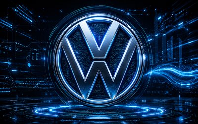 logotipo 3d da volkswagen, 4k, fundo futurista escuro, criativo, raios de néon azuis, logotipo metálico da volkswagen, logotipo futurista da volkswagen, marcas de carros, logotipo da volkswagen, volkswagen, logotipo vw