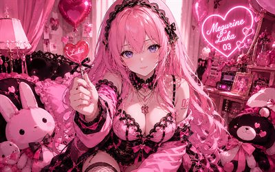 4k, luka megurine, globos rosas, piruleta rosa, cv03, vocaloide, estrella rosa, vocaloid 03, arte abstracto, serie vocal de personajes, personajes vocaloides, megurine luka vocaloid