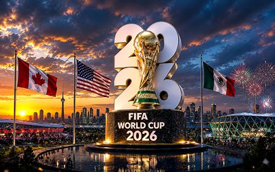 4k, 2026 FIFA World Cup, flags, fireworks, FIFA World Cup Trophy, creative, football, FIFA World Cup art, FIFA World Cup 2026, golden trophy, soccer, FIFA World Cup