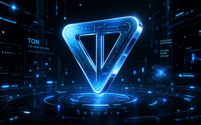 logotipo 3d da toncoin, 4k, fundo futurista azul, criptomoedas, logotipo de metal toncoin, marcas, criptomoeda toncoin, logotipo futurista da toncoin, blockchain, logotipo da toncoin, toncoin