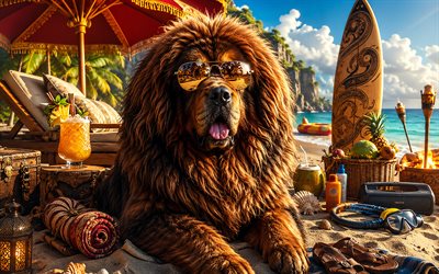 Tibetan Mastiff, 4k, summer, tropical beach, beach accessories, sea, sun lounger, sunglasses, Tibetan Mastiff on beach, dogs, cocktail, cute animals, beach, pets, dog in sunglasses, Tibetan Mastiff Dog