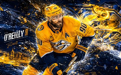 ryan oreilly, 4k, sininen keltainen digitaalinen tausta, nashville predators, nhl, jääkiekko, ryan oreilly 4k, nashville predatorsin logo, fanitaidetta, ryan oreilly nashville predators