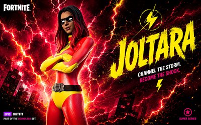 joltara, 4k, punainen futuristinen tausta, fortnite, fanitaidetta, joltara skin, fortnite joltara skin, luova, joltara fortnite