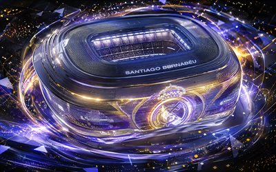 برنابيو, 4k, عرض جوي, ملعب ريال مدريد, الفن الإبداعي, نادي ريال مدريد لكرة القدم, نويفو تشامارتين, مدريد, إسبانيا, كرة القدم, تأثيرات الإضاءة, فن البرنابيو
