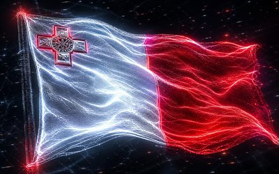 drapeau lumineux de malte, 4k, obscurité, drapeau de malte, jour de malte, art 3d, drapeau maltais, drapeau néon de malte, drapeau de malte vagues néon, drapeau 3d de malte, drapeau abstrait de malte, malte