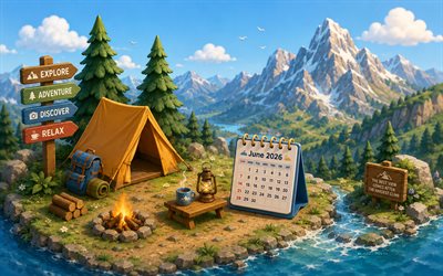 June 2026 Calendar, 4k, 3D isometric art, 2026 June Calendar, mountains, summer, June, 2026 calendars, June Calendar 2026, 3D isometric camping in the mountains, tent, mountain landscape