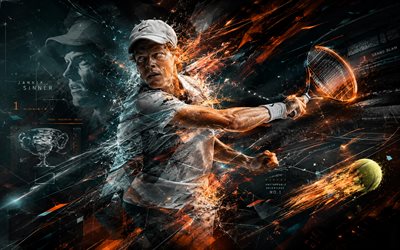 Jannik Sinner, 4k, Italian tennis player, ATP, blue orange abstract lines art, tennis, Jannik Sinner art, Association of Tennis Professionals, creative art, blue light lines
