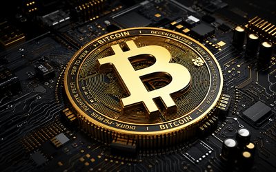 شعار بيتكوين, 4k, خلفية التكنولوجيا الذهبية, بيتكوين, blockchain, شعار البيتكوين, علامة بيتكوين, عملة بيتكوين, عملة مشفرة, شعار بيتكوين ثلاثي الأبعاد, شعار بي تي سي