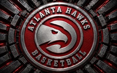atlanta hawks metallilogo, 4k, punainen metalli tausta, nba, koripallo, atlanta hawksin logo, atlanta hawksin 3d logo, amerikkalainen koripallojoukkue, atlanta hawks