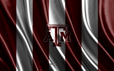 4k, Texas AM Aggies logo, NCAA, red white silk texture, Texas AM Aggies flag, American football club, silk flag, Texas AM Aggies emblem, USA, Texas AM Aggies badge, Texas AM Aggies