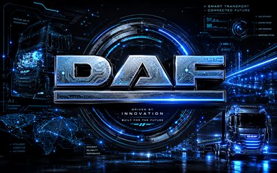 logotipo daf 3d, 4k, fundo futurista escuro, criativo, raios de néon azuis, logotipo metálico daf, logotipo futurista da daf, marcas de caminhões, logotipo daf, daf