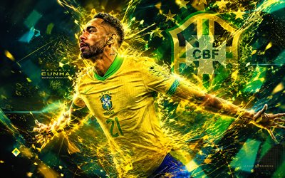 matheus cunha, seleção brasileira de futebol, arte dos fãs, fundo de linhas abstratas amarelas verdes, matheus cunha brasil, arte criativa, logotipo da seleção brasileira de futebol, futebol, matheus santos carneiro da cunha
