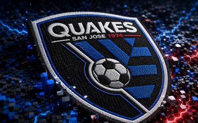 san jose earthquakes kangaslogo, 4k, musta sininen 3d tausta, mls, jalkapallo, san jose earthquakes  logo, san josen maanjäristykset, amerikkalainen jalkapalloseura, san jose earthquakes fc