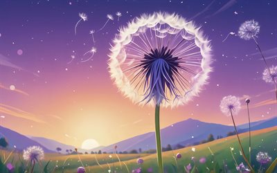 Dandelion, 4k, abstract landscape, leave me alone concepts, creative, abstract flowers, one dandelion